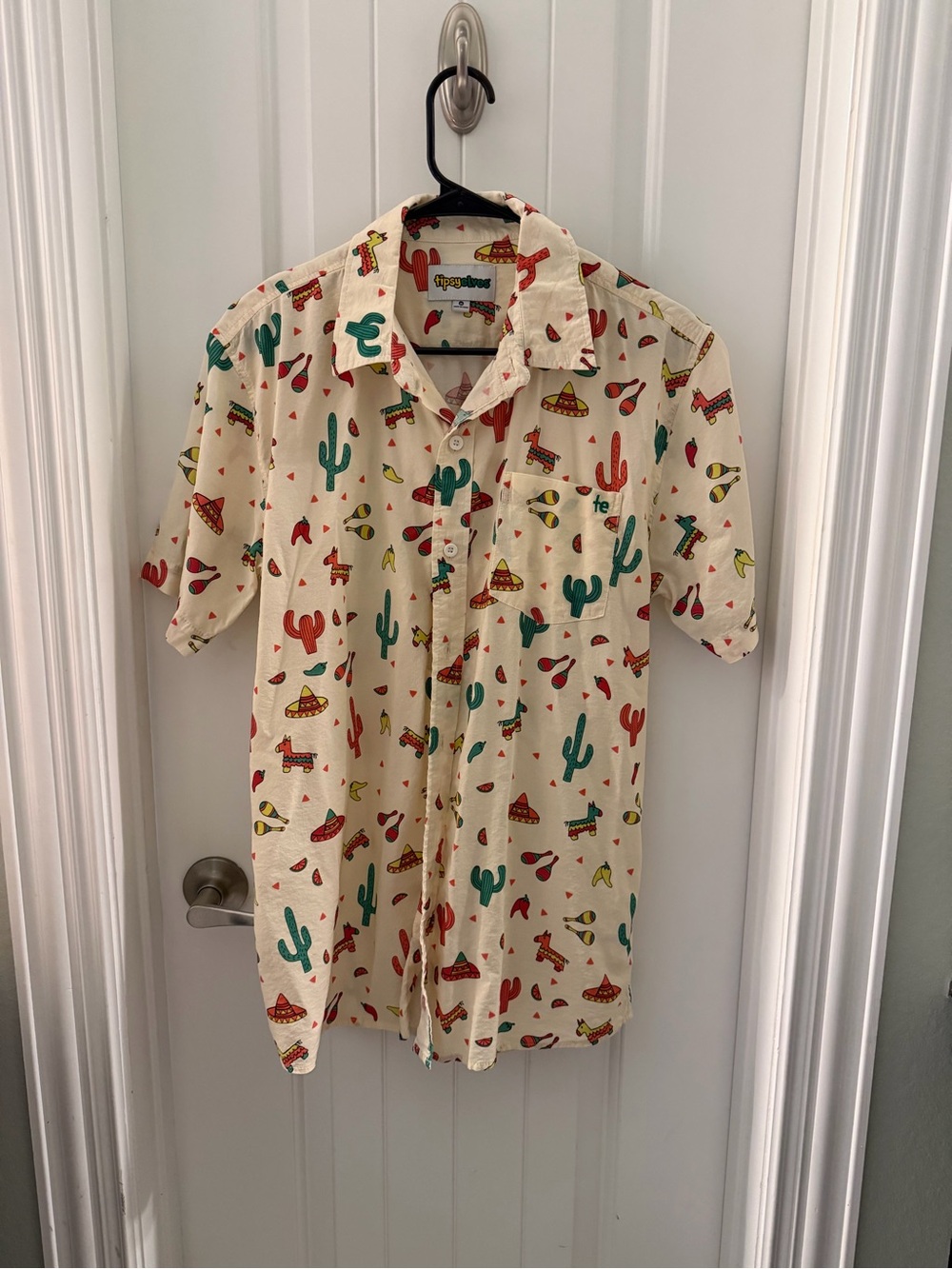 Tipsy Elves Cream Short-Sleeve Button-Up with Red & Green Western Print